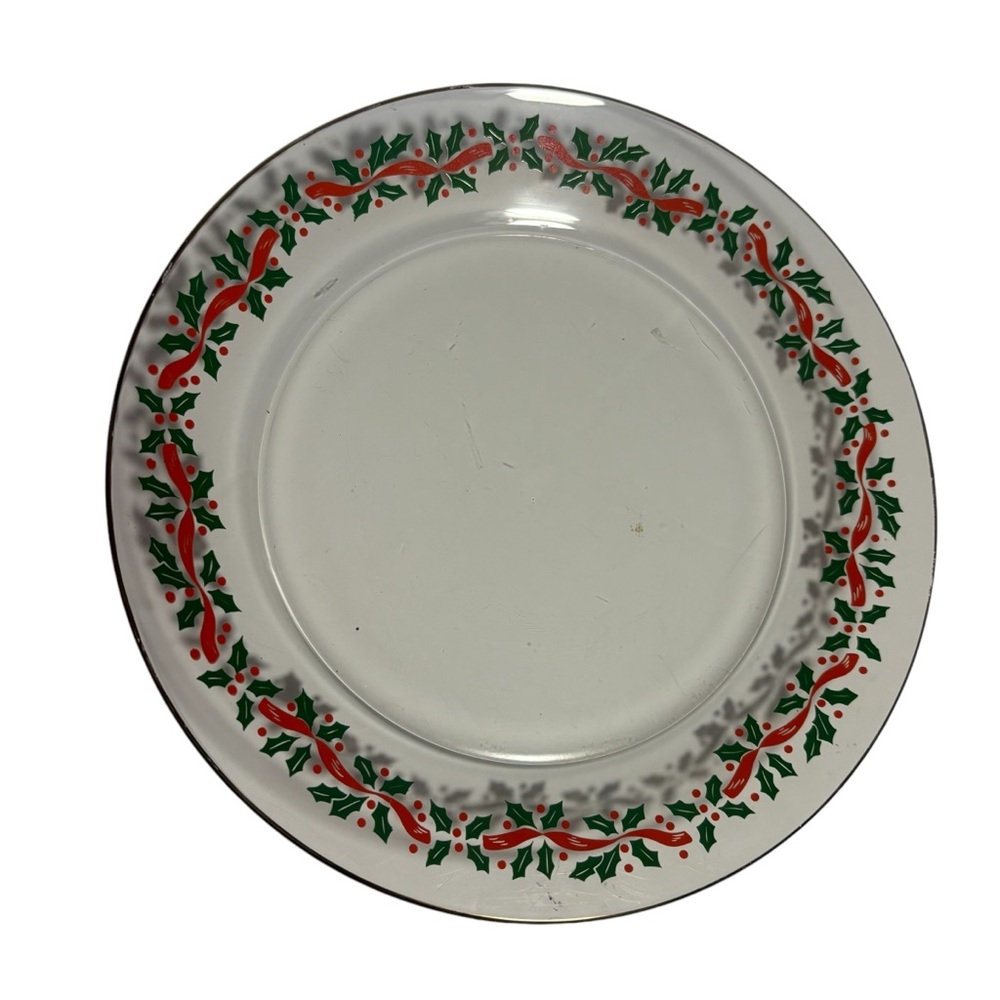 Vtg Christmas Arcoroc Holly Berry red ribbon 8” clear salad plate EUC